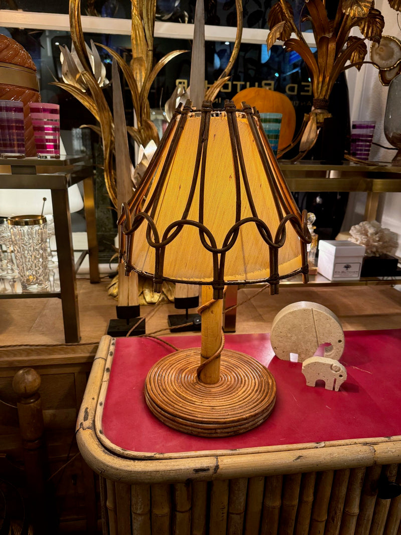 A 1960s bamboo lamp by Louis Sognot with orignal bamboo and linen shade