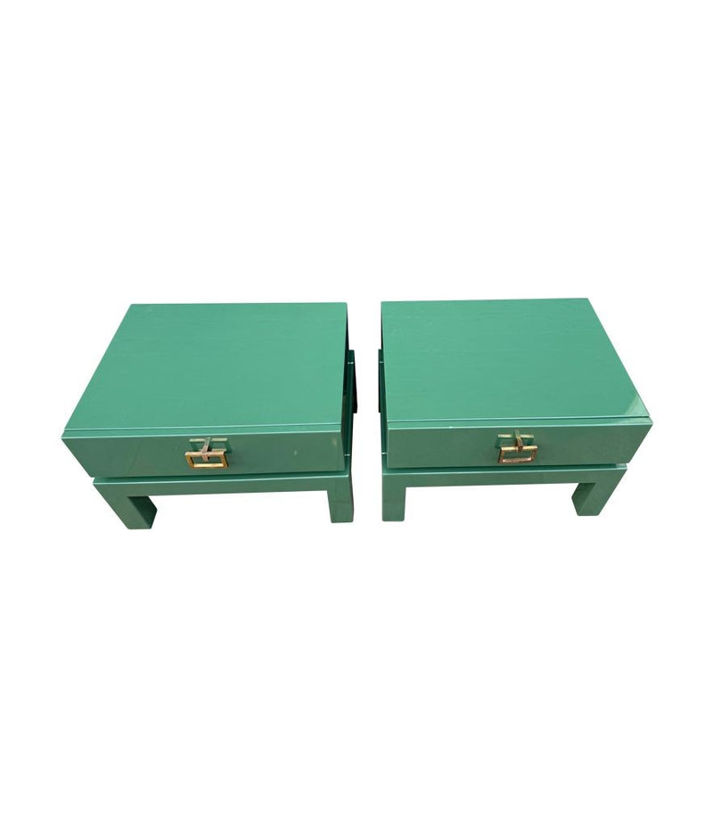 A rare pair of 1970s green lacquered side tables by Guy lefevre for Maison Jansen