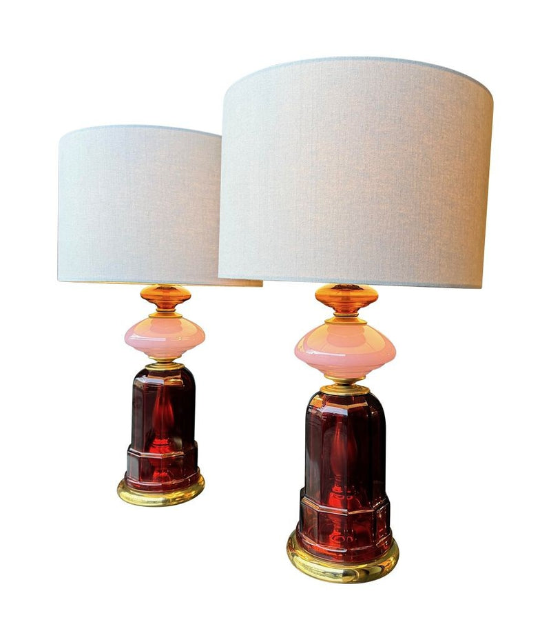 A pair of 1960s Murano opaline glass and brass lamps by Cenedese