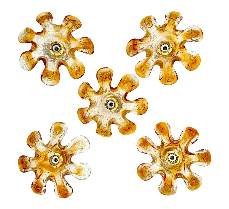 Five Italian 1970s Murano glass flower wall scones by Mazzega