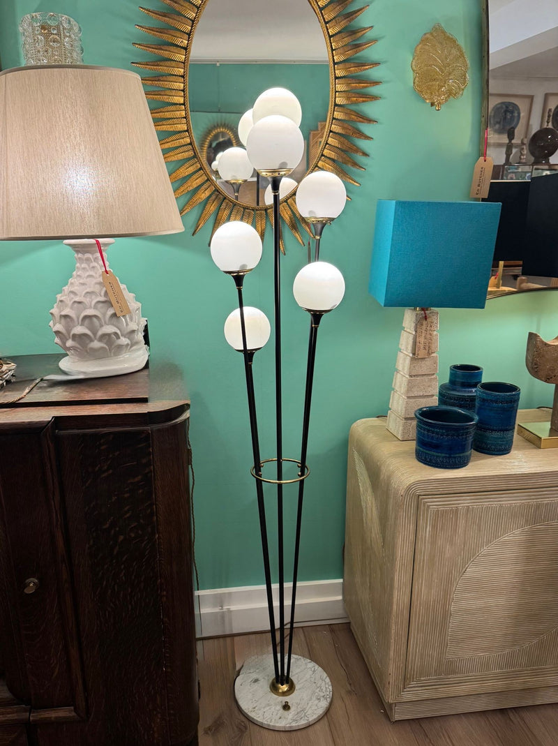 An orignal 1950s Stilnovo "Arberello" black lacquer and brass six light floor lamp