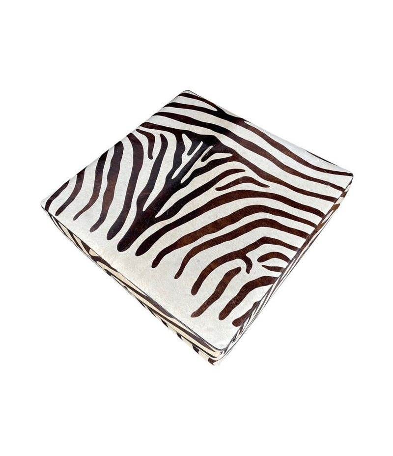 cowhide covered ottoman or coffee table with printed zebra skin design - Ed Butcher Antiques Shop London