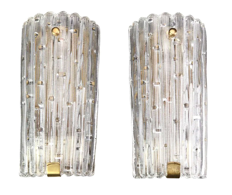 A large pair of Swedish 1960s Orrefors glass and brass wall sconces by Carl Fagerlund