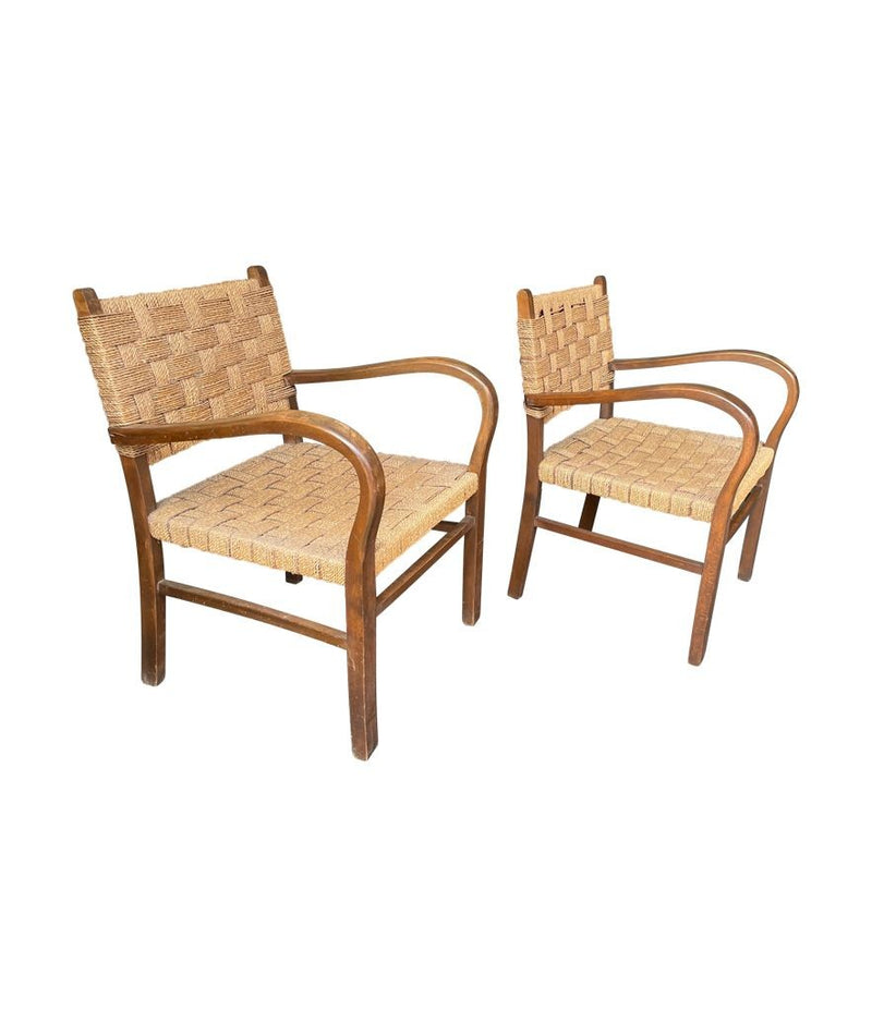 A pair of 1940s French Bauhaus bent wood chairs in the style of Erich Dieckmann with orignal woven rope seats