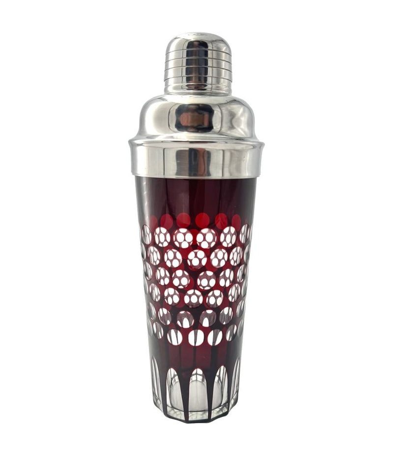 A 1950s French silver plated and ruby cut glass cocktail shaker