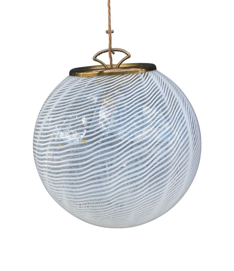 Mid Century Murano Glass Pendant Light by Venini with white wavy swirl design with brass fittings - Mid Century Lighting 