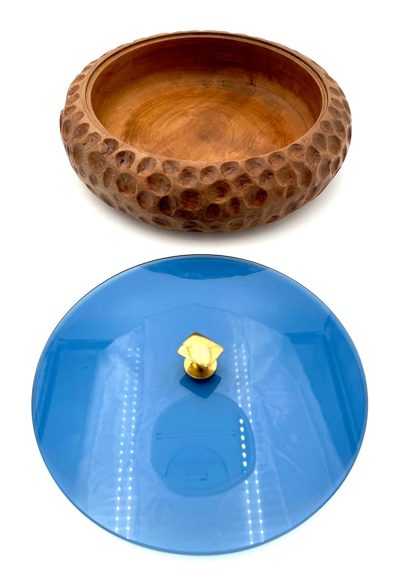 A 1950s carved wooden and blue glass accessories box attributed to Pietro Chiesa for Fontana Arte