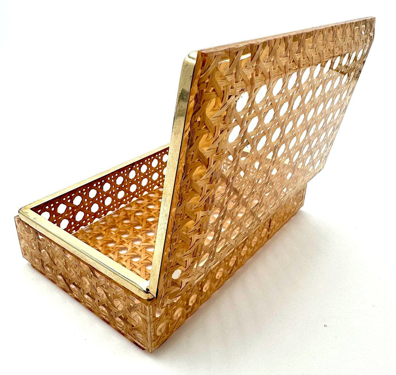 An Italian 1970s Gabriella Crespi style lucite and woven rattan gilt hinged box