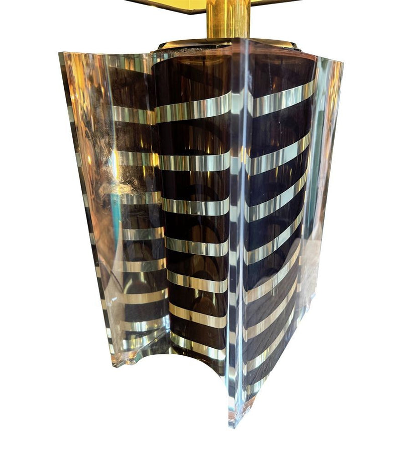 A large Italian 1970s Romeo Rega lucite and brass lamp with chocolate and brass stripes