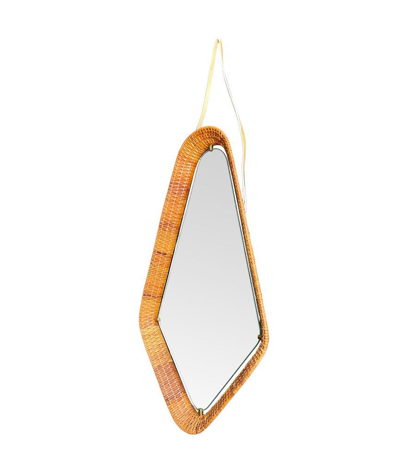 An unusual Italian 1950s diamond shaped woven rattan and brass framed mirror with leather hanging strap