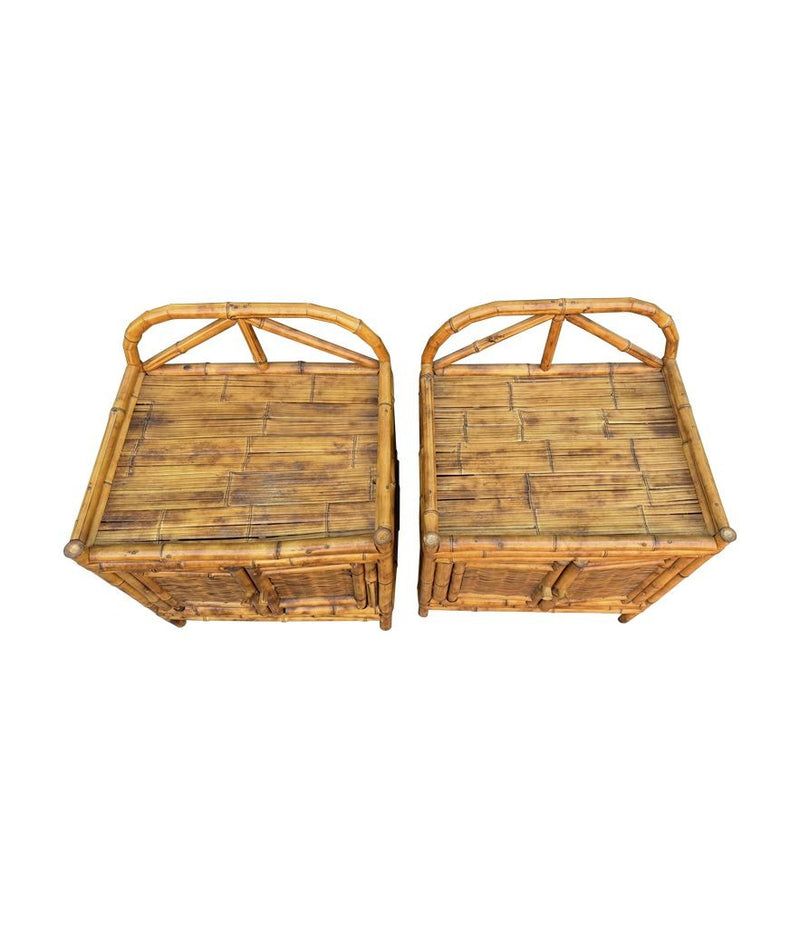A pair of Italian 1970s Vivai Del Sud style tortoiseshell bamboo bedside tables with two doors
