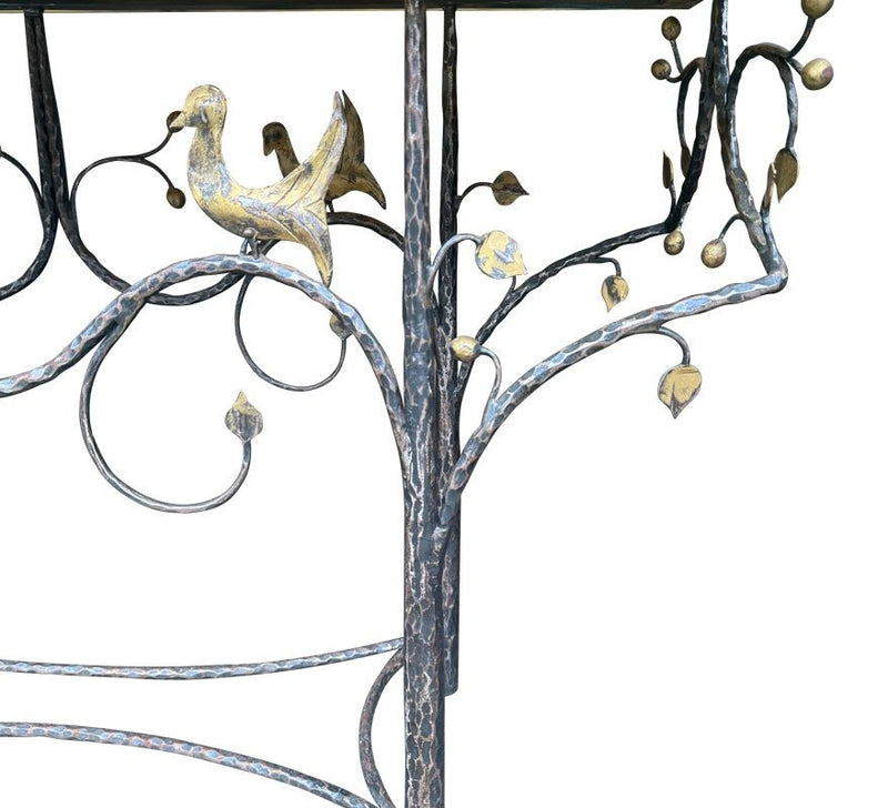 A 1970s unique handmade wrought iron console table with glass or solid marble top