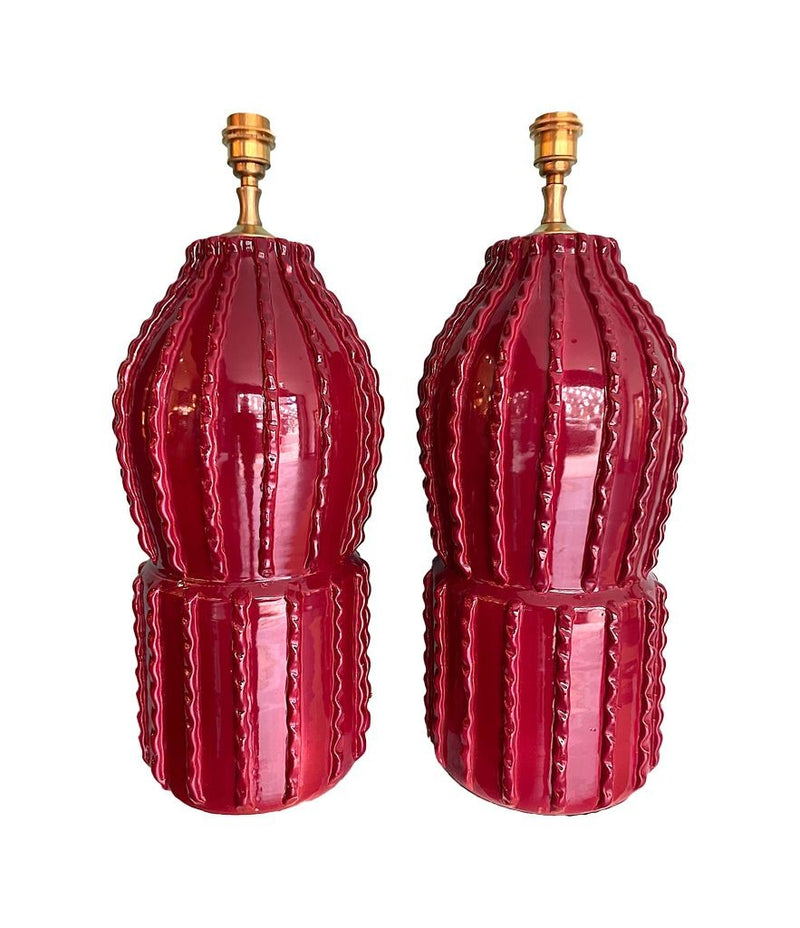 Vintage Italian Ceramic Lamps in deep Bordeaux red - Vintage Lighting - Vintage Lamps - Ed Butcher Antiques Shop London 