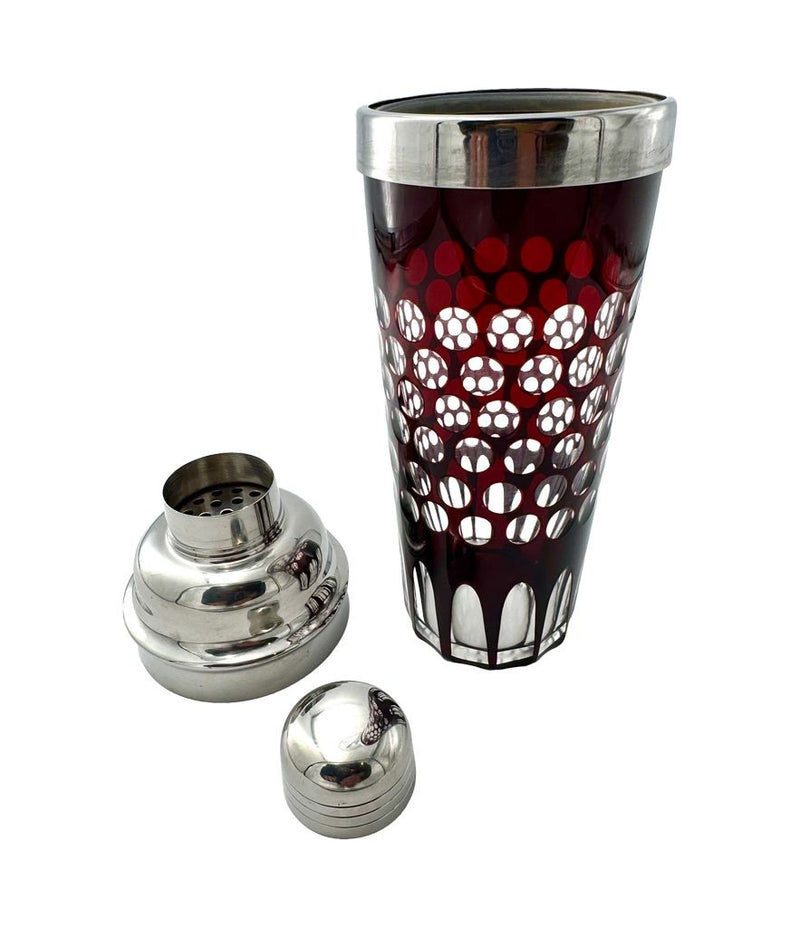 A 1950s French silver plated and ruby cut glass cocktail shaker