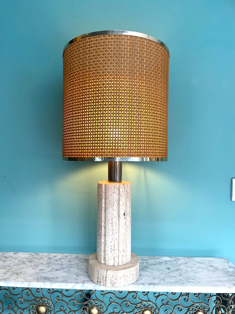 Mid Century travertine Lamp by Fratelli Manelli with rattan shade - Mid Century Lighting - Ed Butcher Antiques Shop London