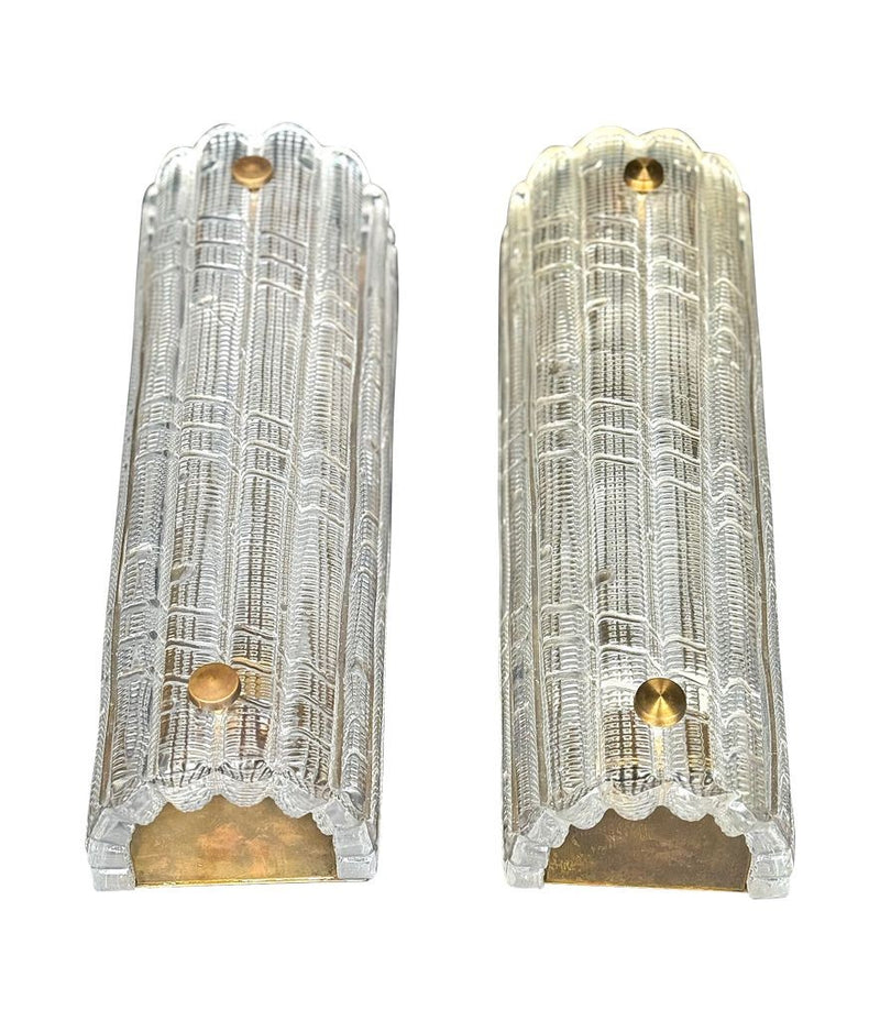 A large quality pair of 1950s Orrefors glass and brass wall sconces by Carl Fagerlund
