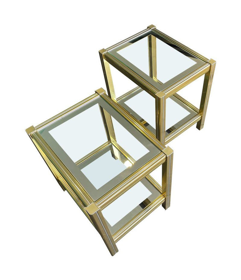 A pair of French 1970s gilt metal side tables by Pierre Vandel with original part mirrored glass shelves