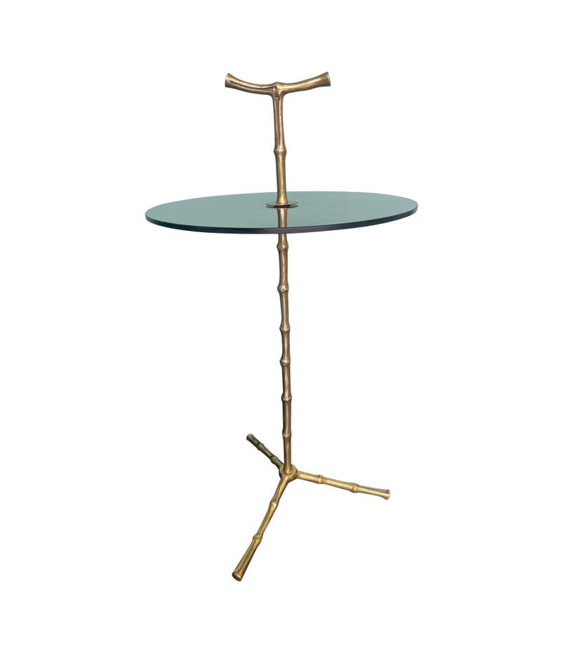 A pair of 1960s Maison Baques brass faux bamboo martini tables with smoked glass top