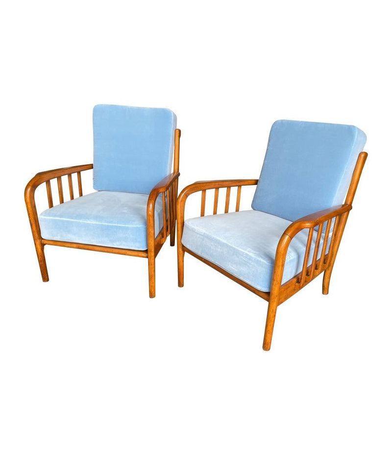 A pair of 1950s Italian armchairs attributed to Paolo Buffa, newly upholstered in Designers Guild velvet