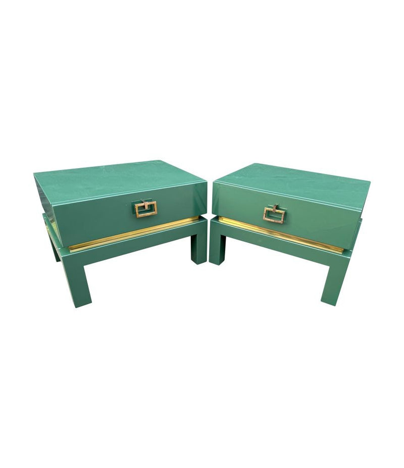 A rare pair of 1970s green lacquered side tables by Guy lefevre for Maison Jansen