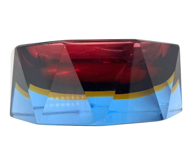 A large heavy 1960s faceted Sommerso Murano glass bowl by Seguso in blue, purple and yellow