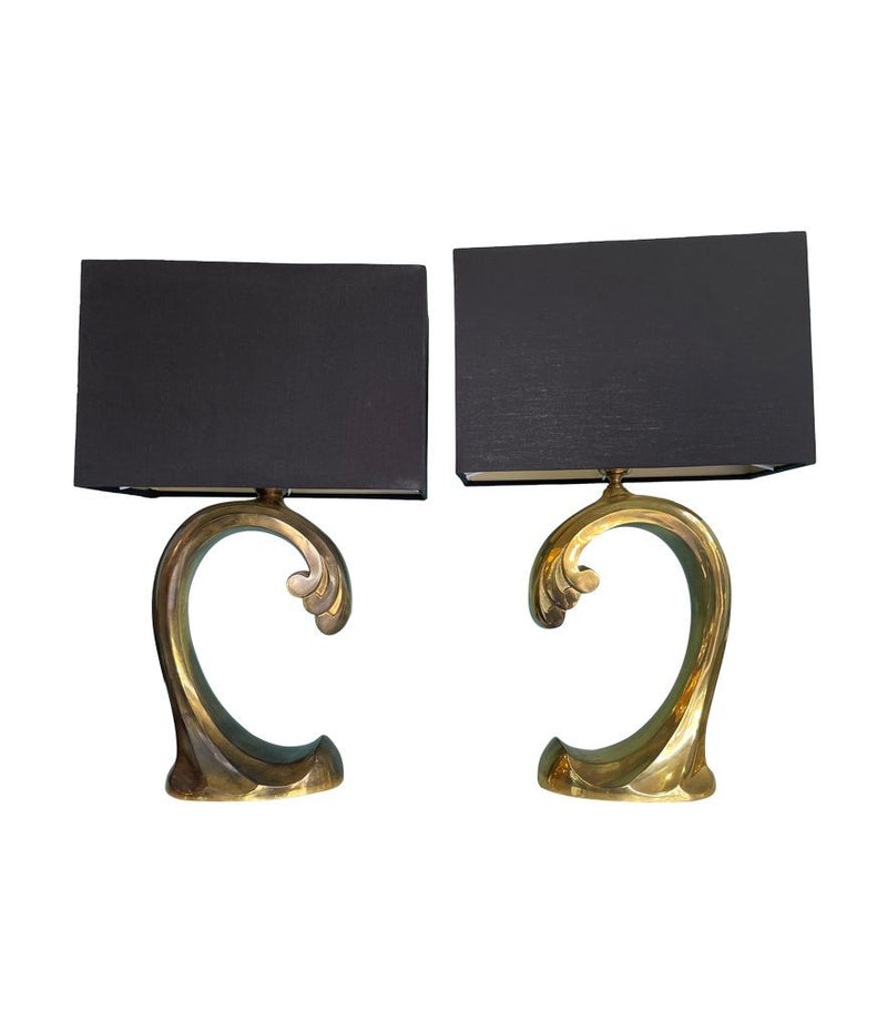 Mid Century Brass Wave Lamps by Regina with black shades - Mid Century Lighting