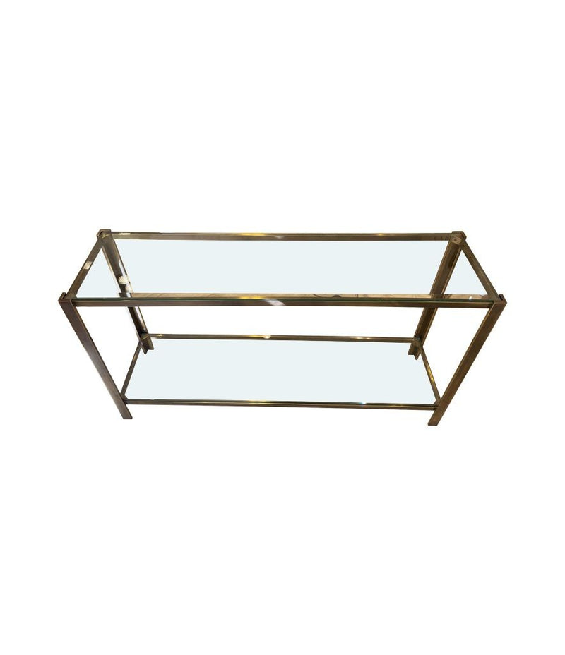 A 1970s Italian solid brass console table with 2 glass shelves