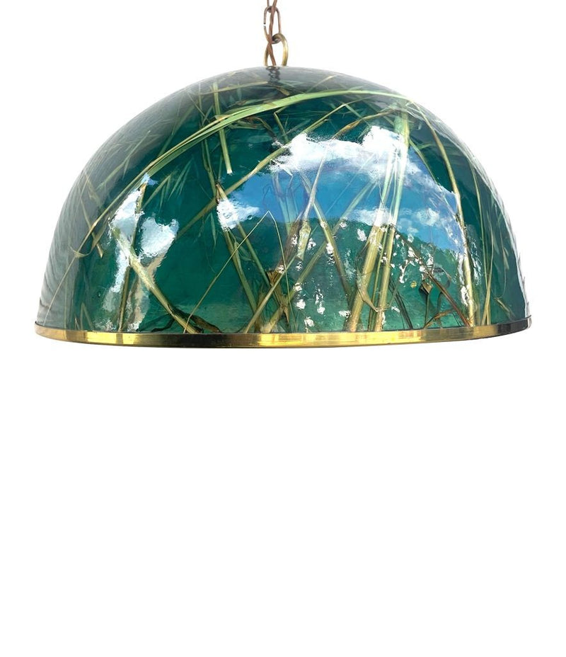 An unusual 1970s green acrylic and brass pendant light by Giovanni Banci for Banci Firenze