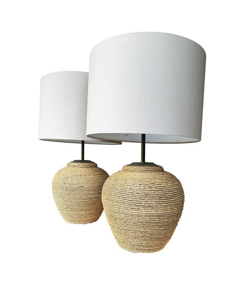 A pair of 1950s large Italian Riviera woven rope lamps with bronze fittings