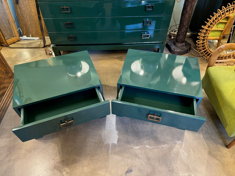 A rare pair of 1970s green lacquered side tables by Guy lefevre for Maison Jansen