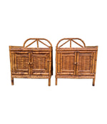 A pair of Italian 1970s Vivai Del Sud style tortoiseshell bamboo bedside tables with two doors
