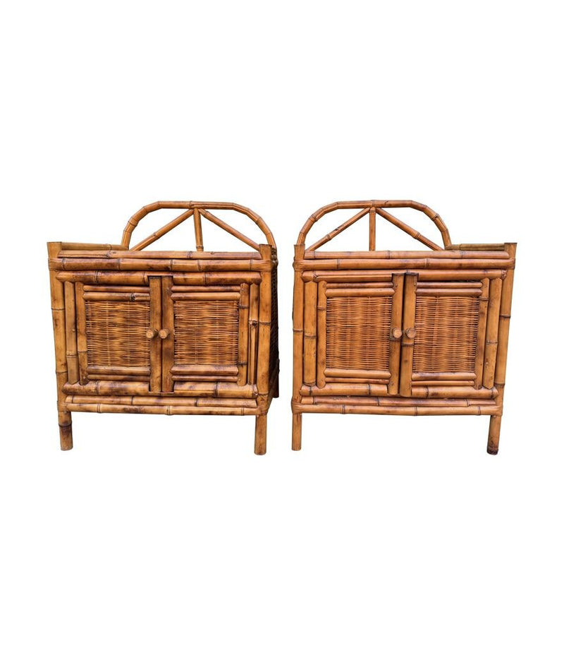 A pair of Italian 1970s Vivai Del Sud style tortoiseshell bamboo bedside tables with two doors