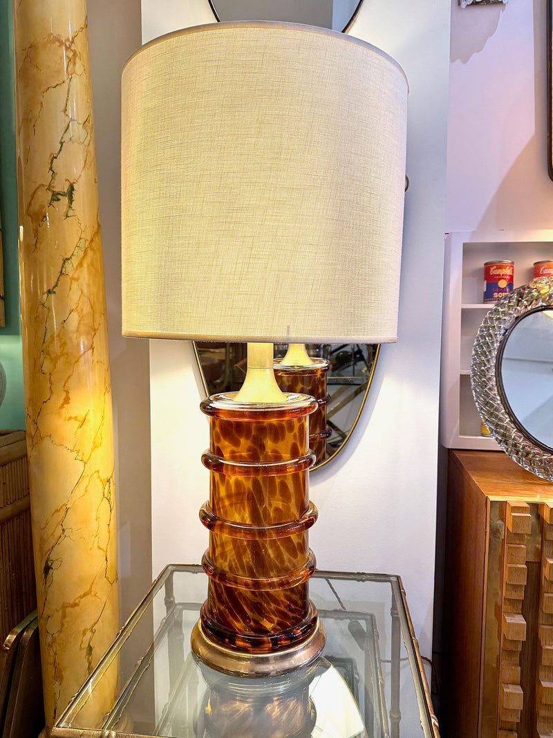 A wonderful large Italian 1970s faux tortoiseshell Murano glass and brass lamp