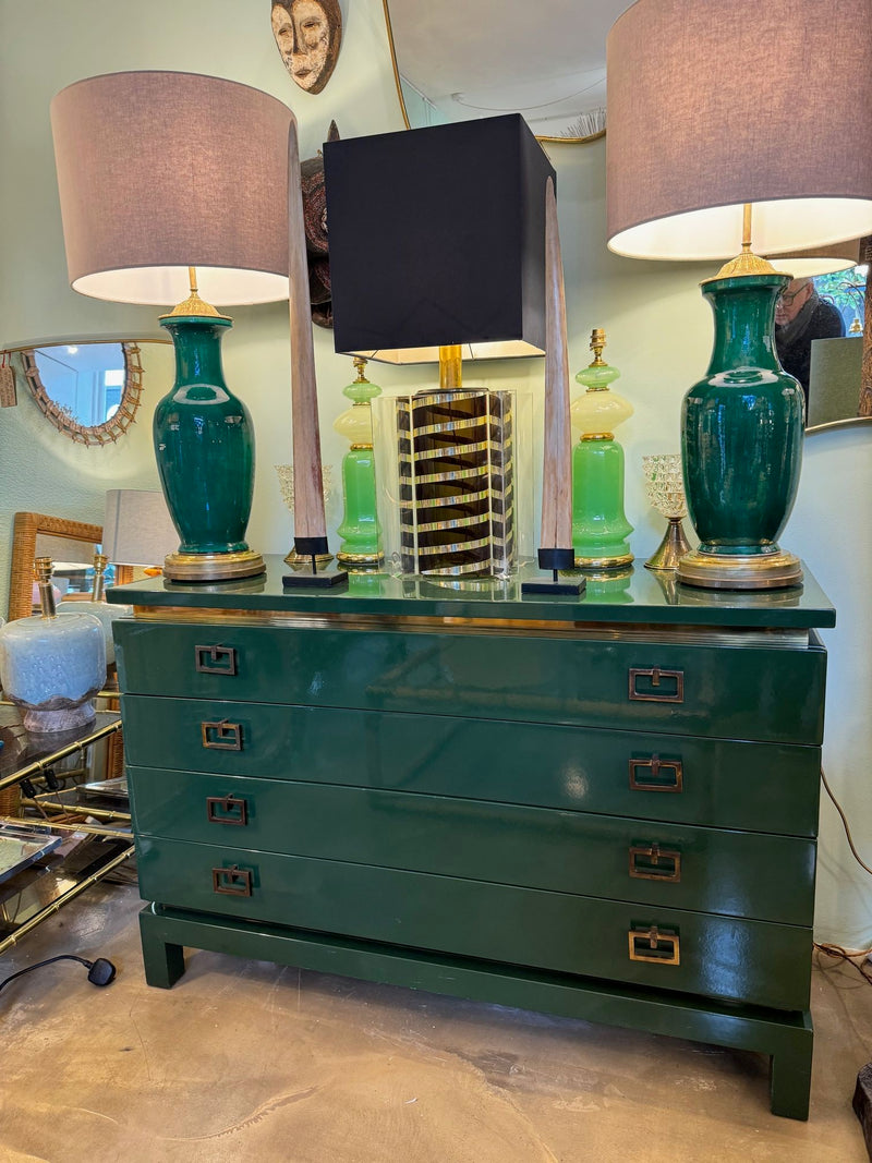 A lovely large pair of 1950s Italian crackle glaze green vase lamps with solid brass bases