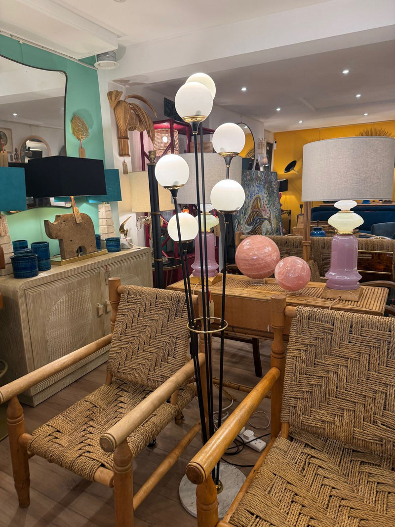 An orignal 1950s Stilnovo "Arberello" black lacquer and brass six light floor lamp