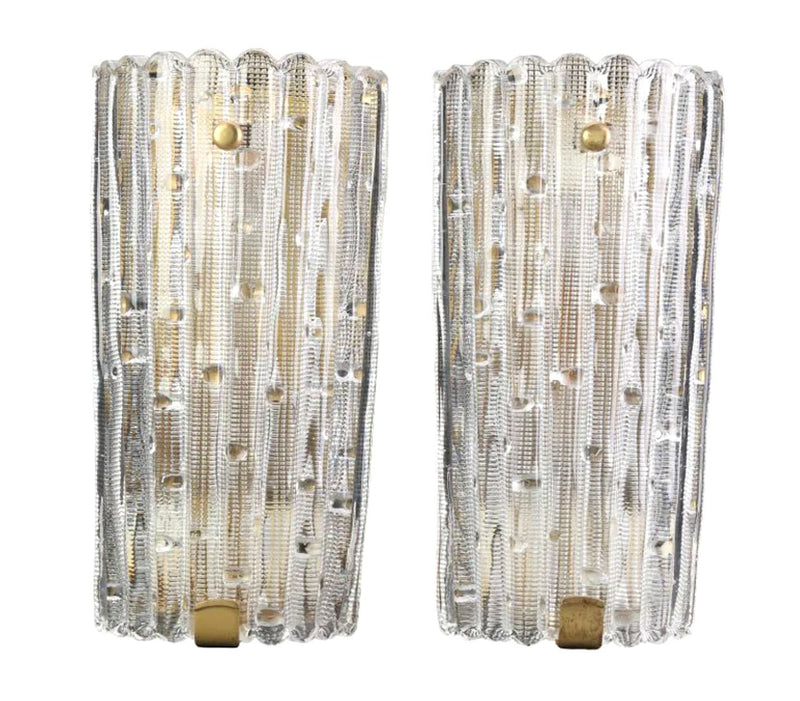 A large pair of Swedish 1960s Orrefors glass and brass wall sconces by Carl Fagerlund
