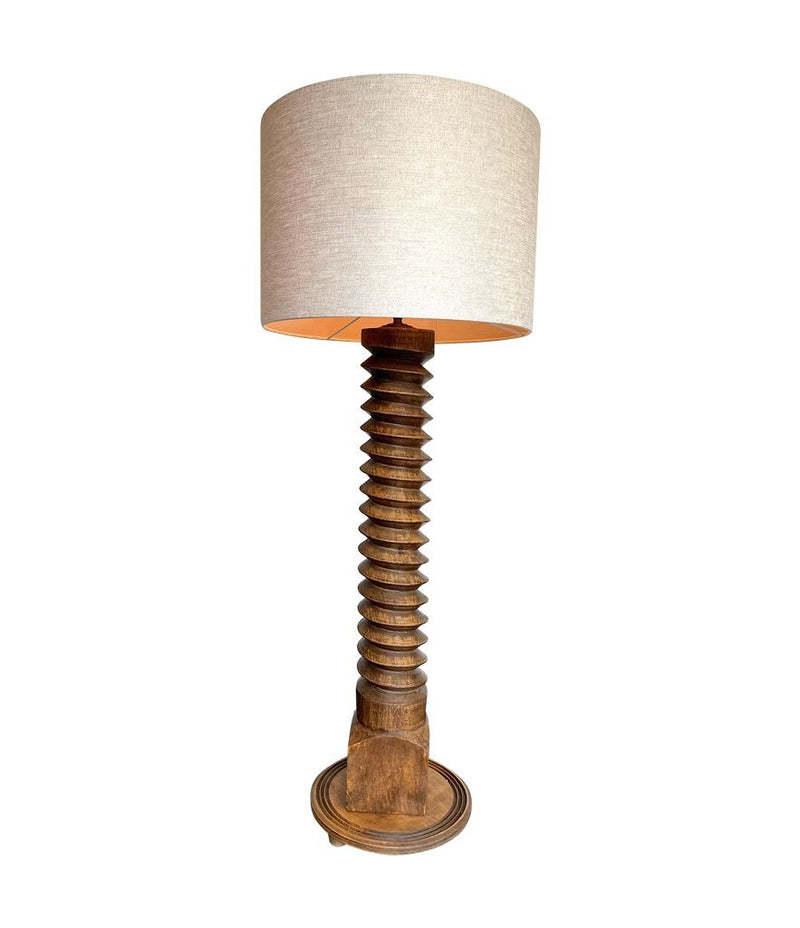 A French 1940s oak wine press corkscrew floor lamp in the style of Charles Dudouyt