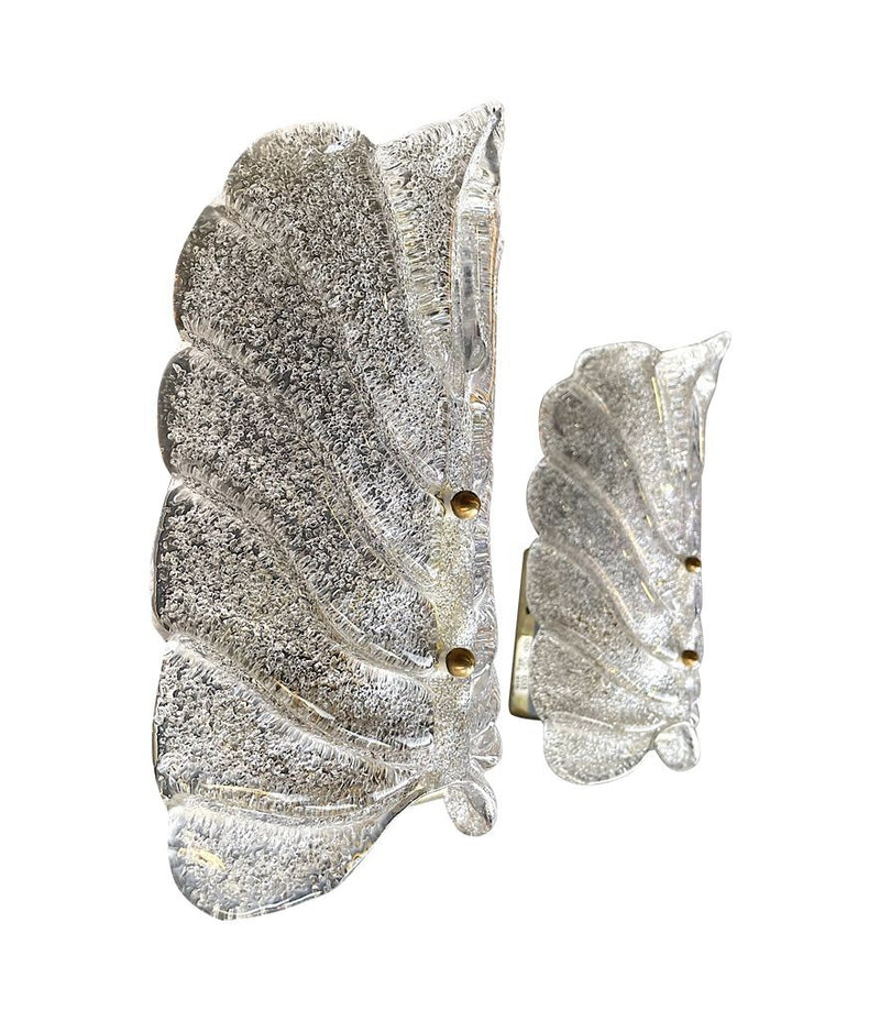 A pair of Italian 1960s Barovier Murano glass leaf sconces with brass fittings