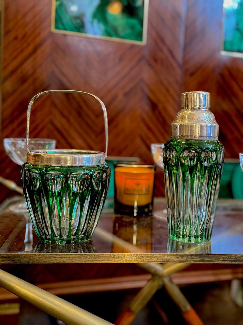 A wonderful Wilhelm Wolff 1940s crystal and silver plated cocktail shaker and ice bucket