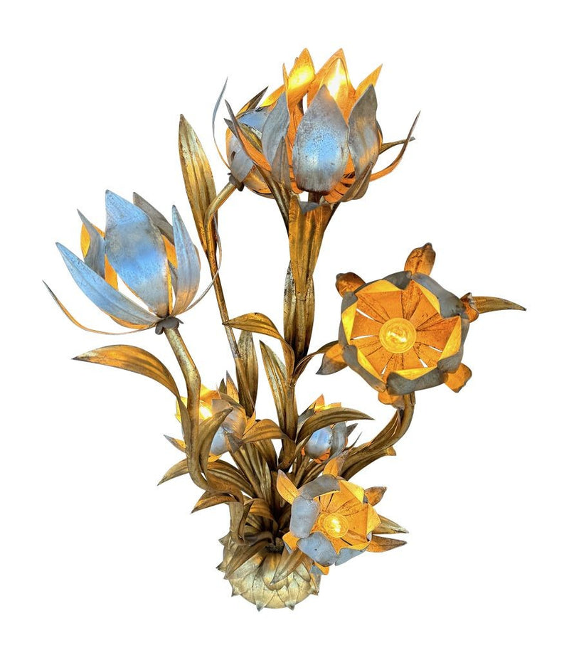 A wonderful 1960s Italian gilt metal flower lamp with seven lights in the flowers