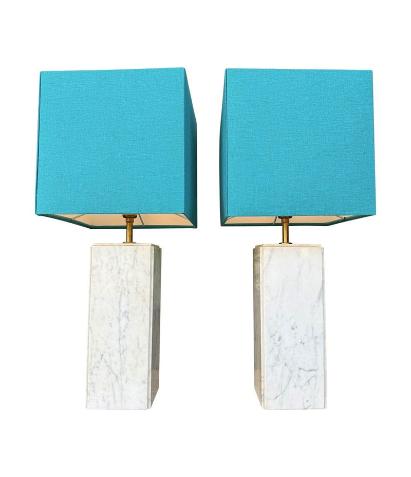 A pair of 1970s Belgian Carrera marble lamps by Porcelaine de Bruxelles