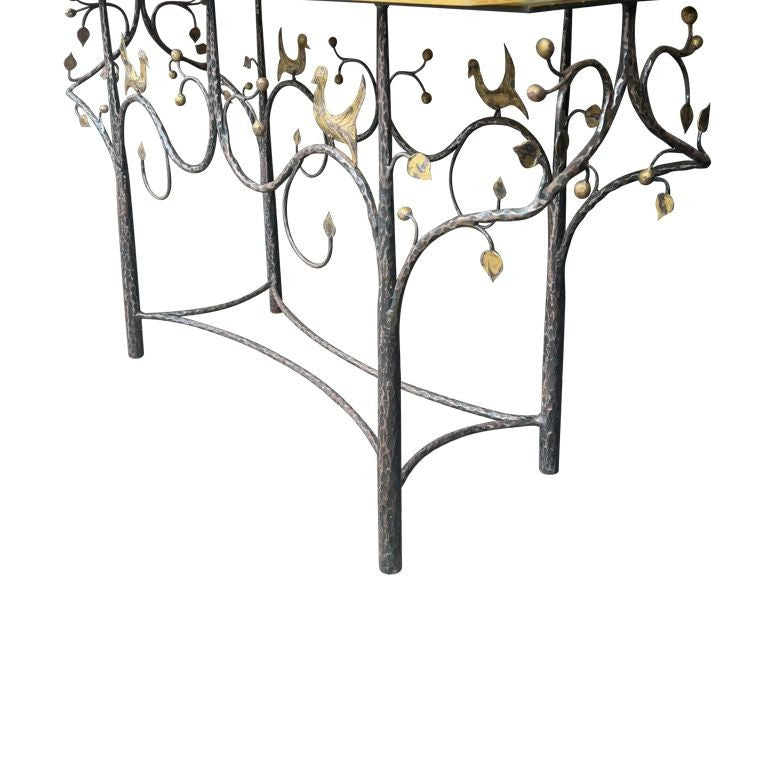 A 1970s unique handmade wrought iron console table with glass or solid marble top
