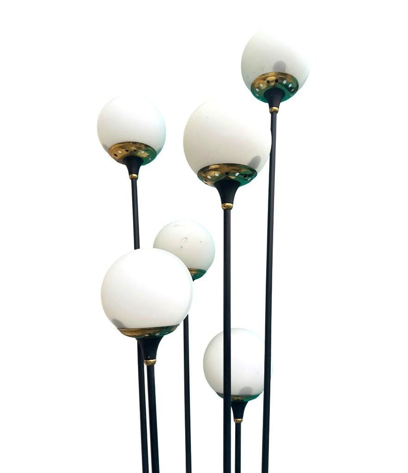 An orignal 1950s Stilnovo "Arberello" black lacquer and brass six light floor lamp