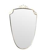 An orignal pair of 1950s Gio Ponti style Italian portrait brass framed mirror with brass top scroll detailing