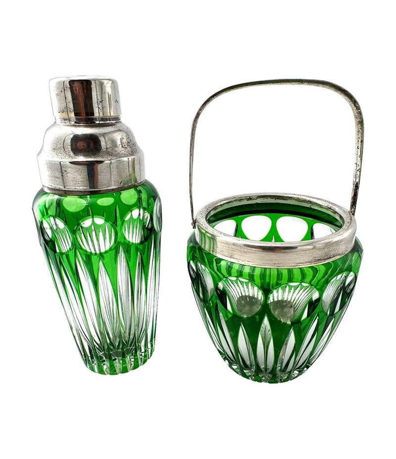 A wonderful Wilhelm Wolff 1940s crystal and silver plated cocktail shaker and ice bucket