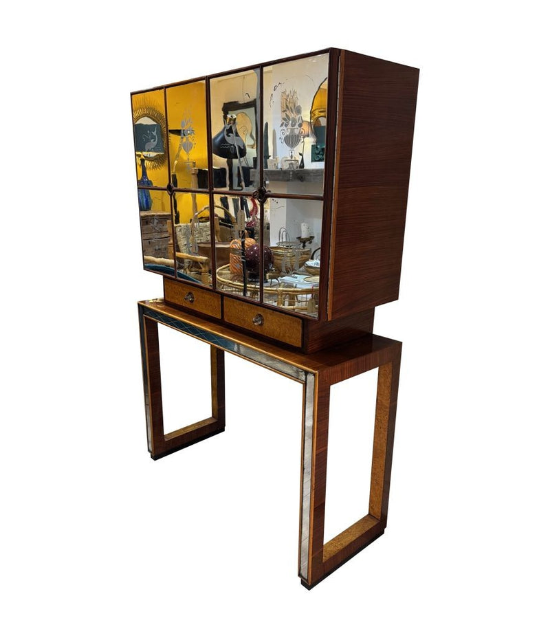 An Italian 1940s mirrored birdseye maple wood and mahogany bar cabinet by Osvaldo Borsani