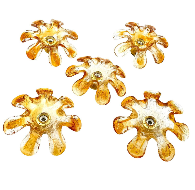 Five Italian 1970s Murano glass flower wall scones by Mazzega