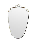 An orignal pair of 1950s Gio Ponti style Italian portrait brass framed mirror with brass top scroll detailing