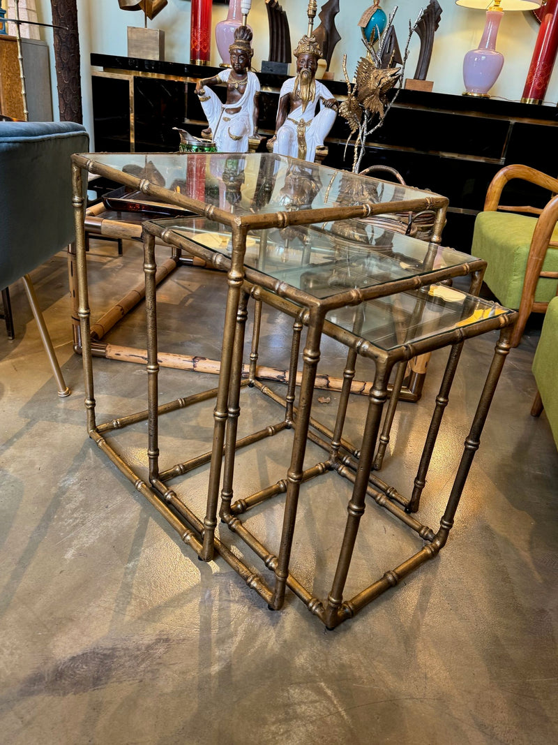Mid century nest of tables - faux Bamboo - Gilt metal - 1970s - French - Mid Century Furniture
