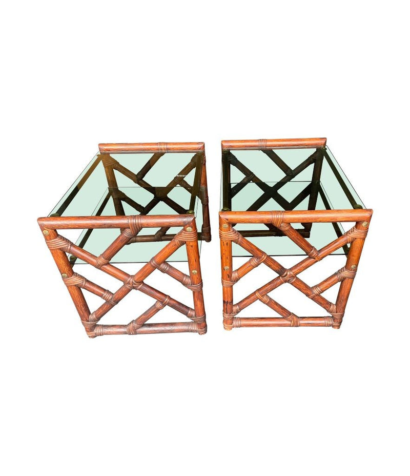 Mid century bamboo bedside tables or side tables Italian 1970s with green smoked glass